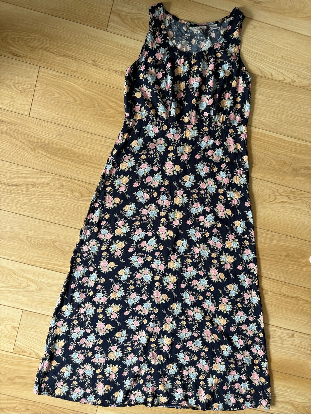 Vintage Cottagecore 90s Midi Dress Navy with Pink and Cream Blooms 90s size S/M